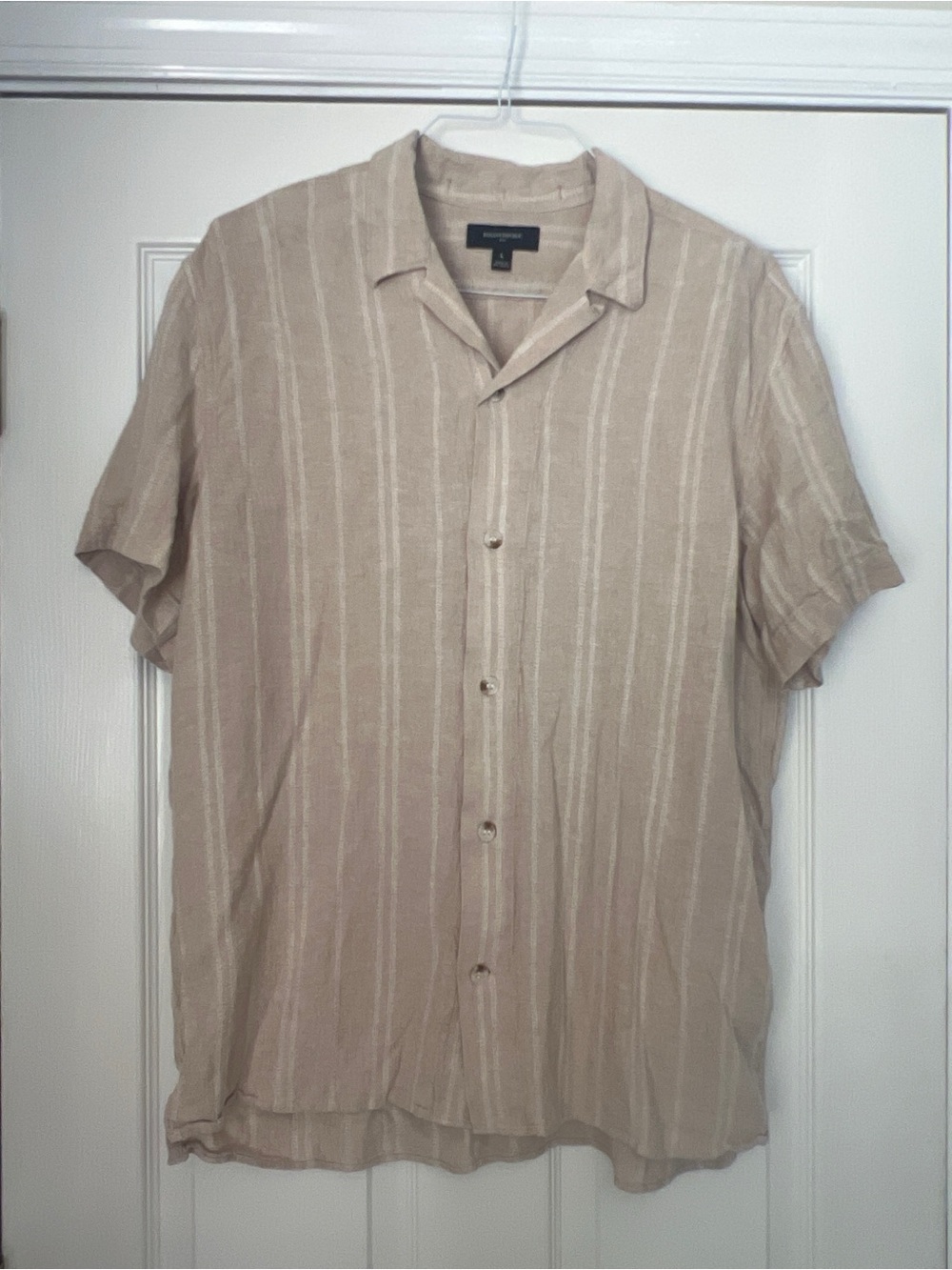Banana Republic Linen Blend Stripe Camp Collar Short Sleeve Shirt Beige | Men's